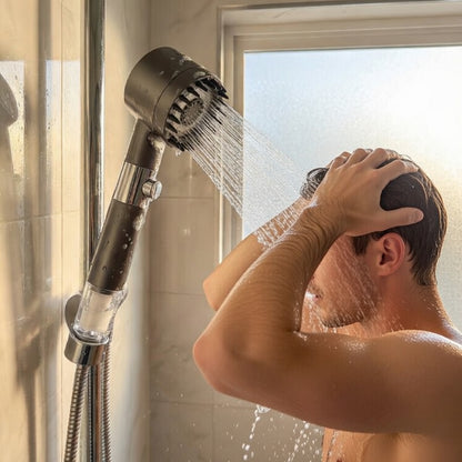Pommeau de douche filtrant utilisé sous la douche